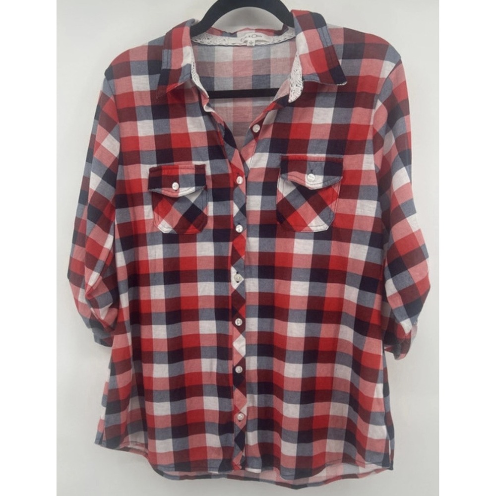 Eden & Olivia Grunge Plaid Lace-Trim Button Down Top Size L Lumberjack Core